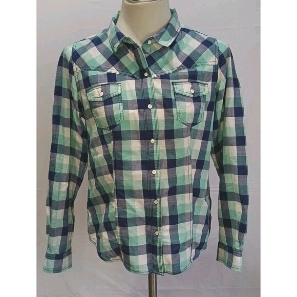 Bit & Bridle Buffalo Plaid Western Shirt Womens Medium Teal Navy & White Button - Picture 1 of 15